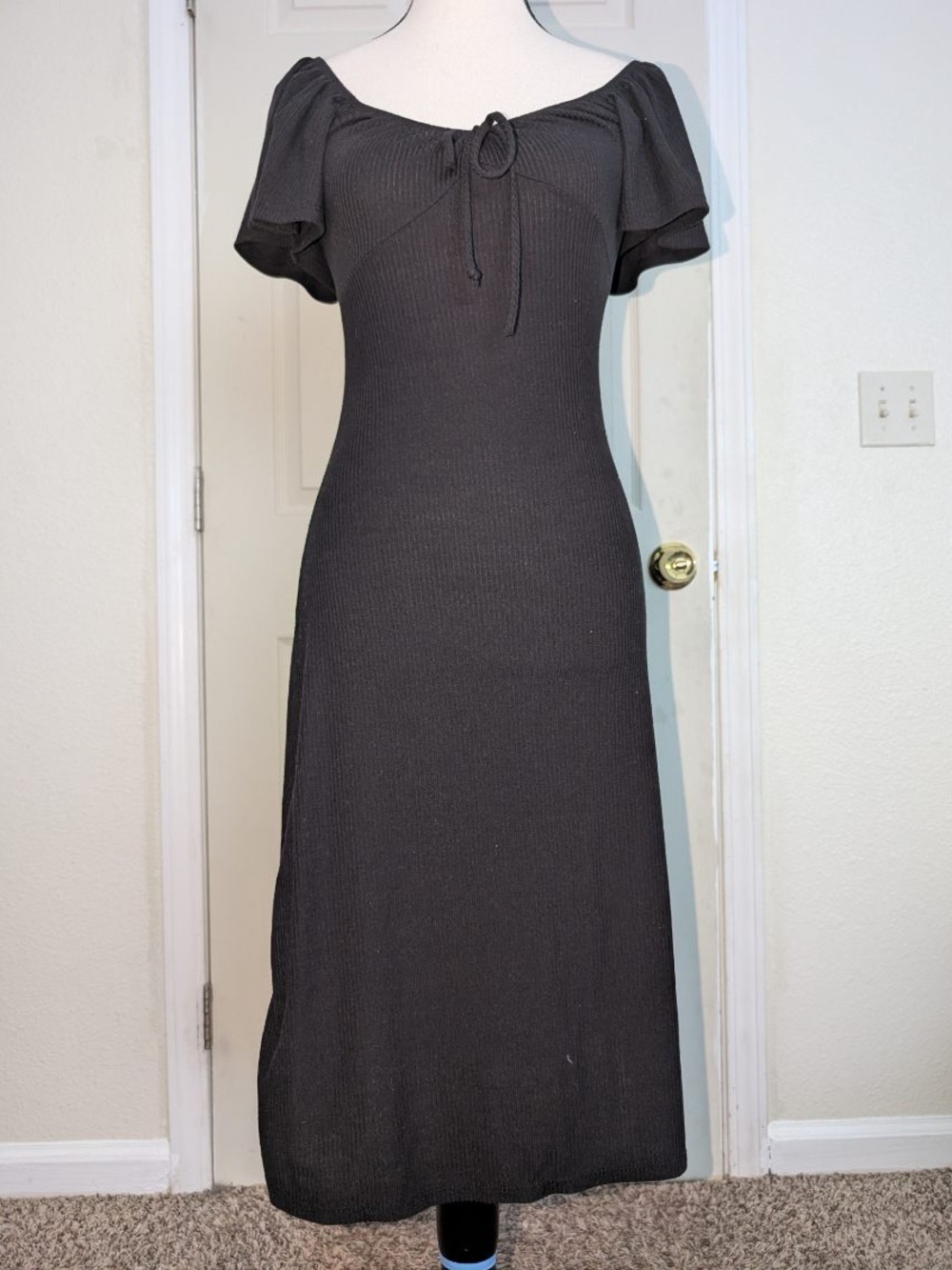 Rolla Coster Black Midi Dress with Puff Sleeves and Tie Neck